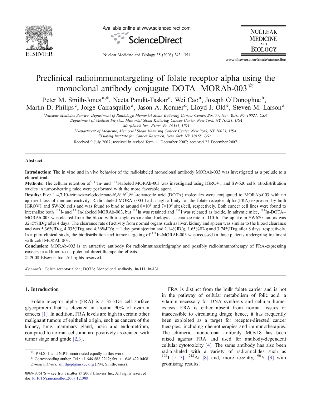 Preclinical radioimmunotargeting of folate receptor alpha using the monoclonal antibody conjugate DOTA–MORAb-003 