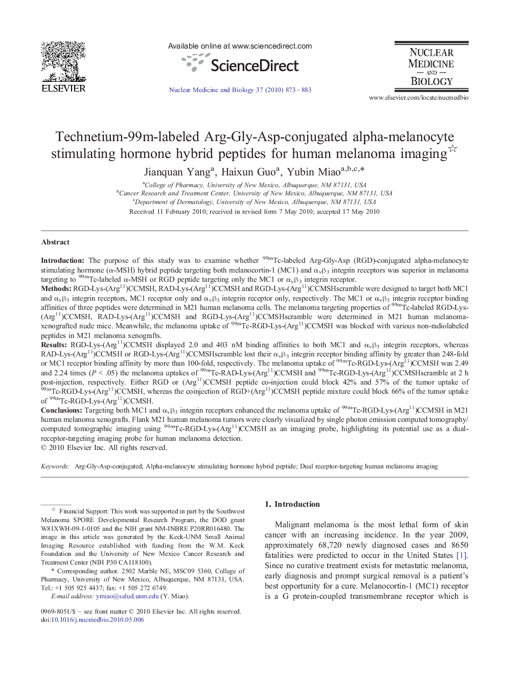 Technetium-99m-labeled Arg-Gly-Asp-conjugated alpha-melanocyte stimulating hormone hybrid peptides for human melanoma imaging 