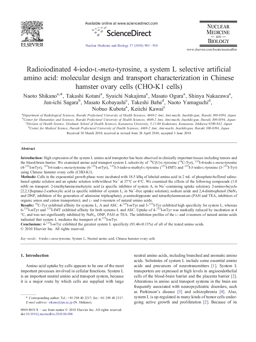 Radioiodinated 4-iodo-l-meta-tyrosine, a system L selective artificial amino acid: molecular design and transport characterization in Chinese hamster ovary cells (CHO-K1 cells)