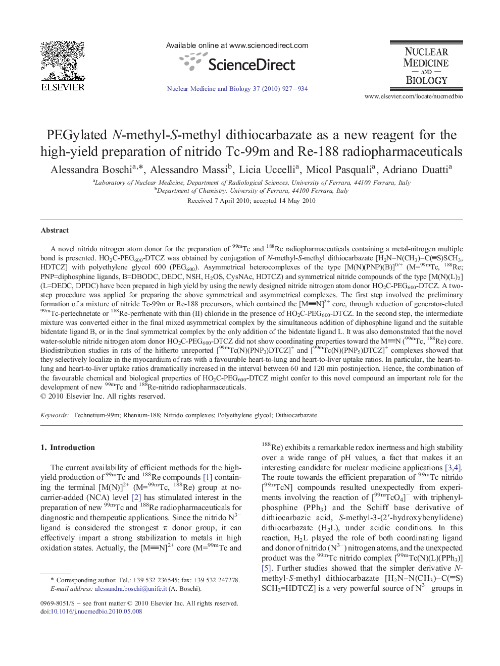 PEGylated N-methyl-S-methyl dithiocarbazate as a new reagent for the high-yield preparation of nitrido Tc-99m and Re-188 radiopharmaceuticals