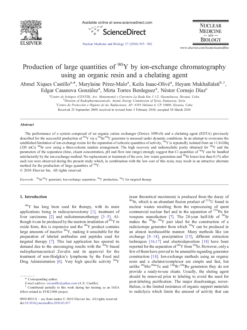 Production of large quantities of 90Y by ion-exchange chromatography using an organic resin and a chelating agent