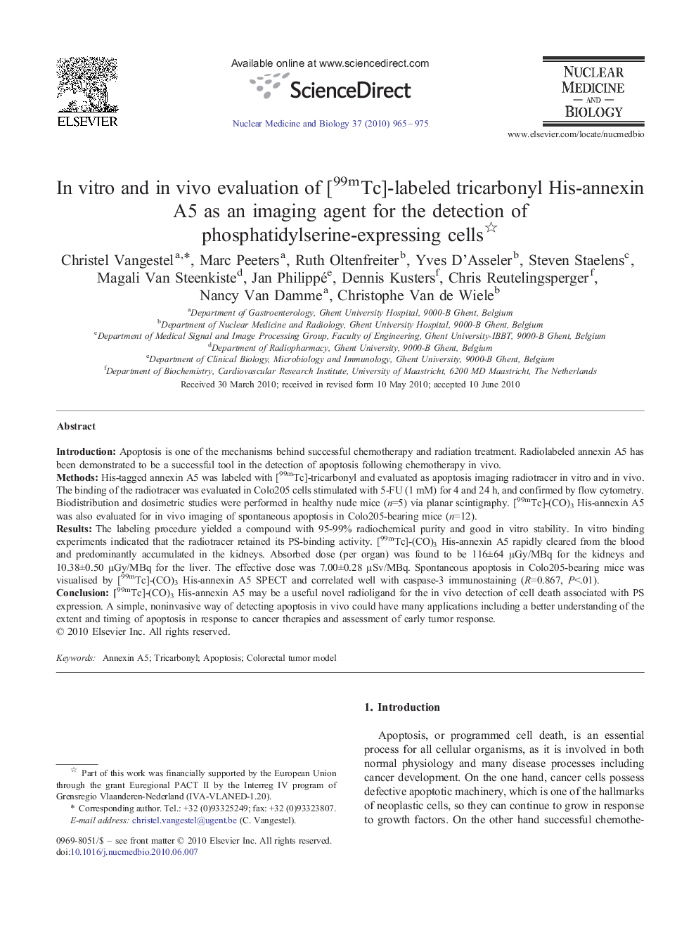 In vitro and in vivo evaluation of [99mTc]-labeled tricarbonyl His-annexin A5 as an imaging agent for the detection of phosphatidylserine-expressing cells