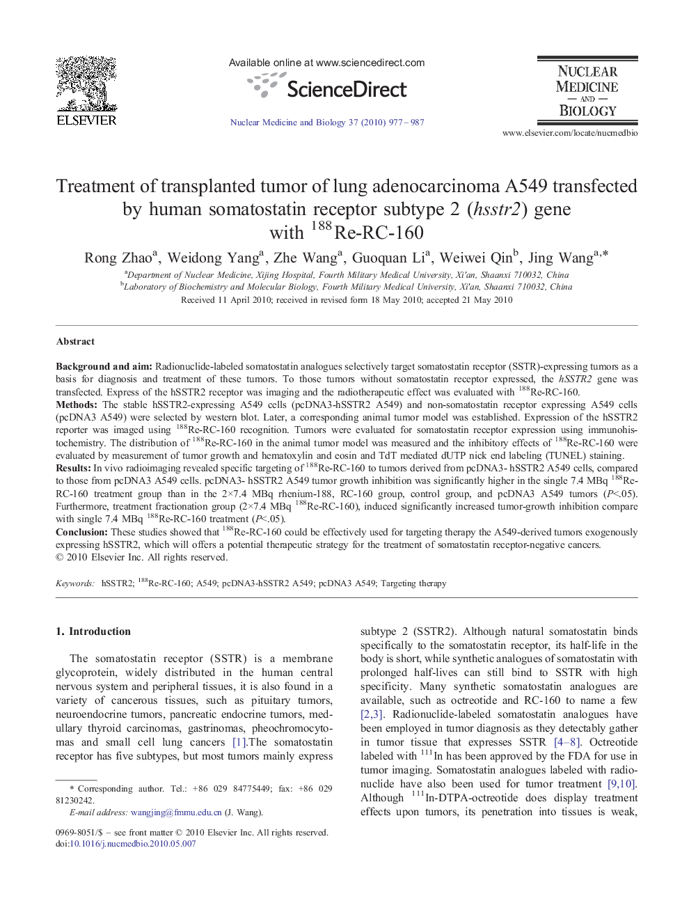 Treatment of transplanted tumor of lung adenocarcinoma A549 transfected by human somatostatin receptor subtype 2 (hsstr2) gene with 188Re-RC-160