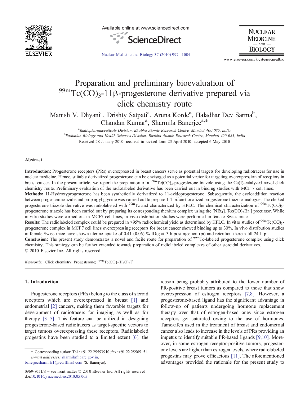 Preparation and preliminary bioevaluation of 99mTc(CO)3-11β-progesterone derivative prepared via click chemistry route