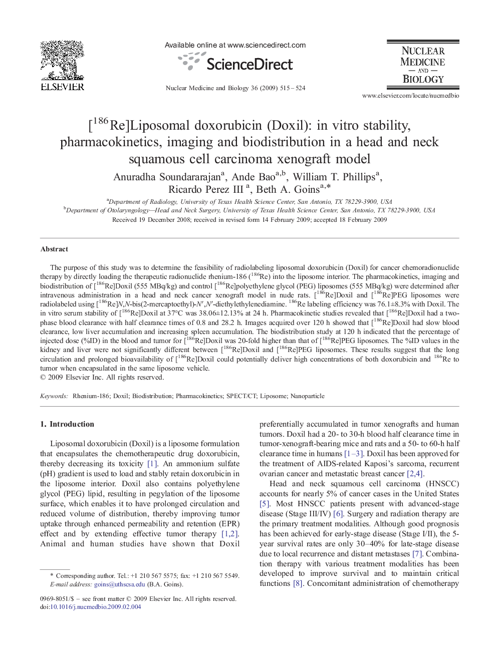 [186Re]Liposomal doxorubicin (Doxil): in vitro stability, pharmacokinetics, imaging and biodistribution in a head and neck squamous cell carcinoma xenograft model