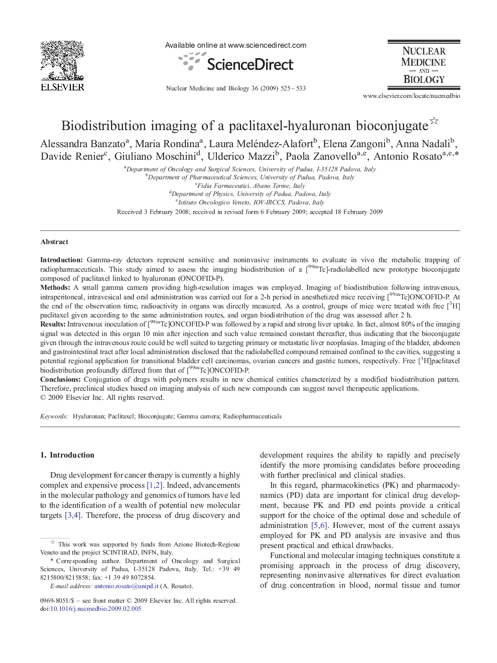 Biodistribution imaging of a paclitaxel-hyaluronan bioconjugate 