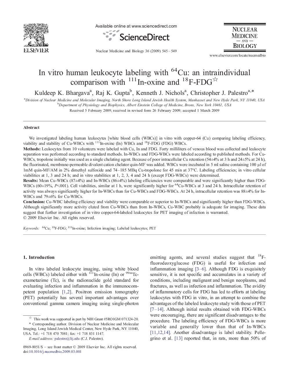 In vitro human leukocyte labeling with 64Cu: an intraindividual comparison with 111In-oxine and 18F-FDG