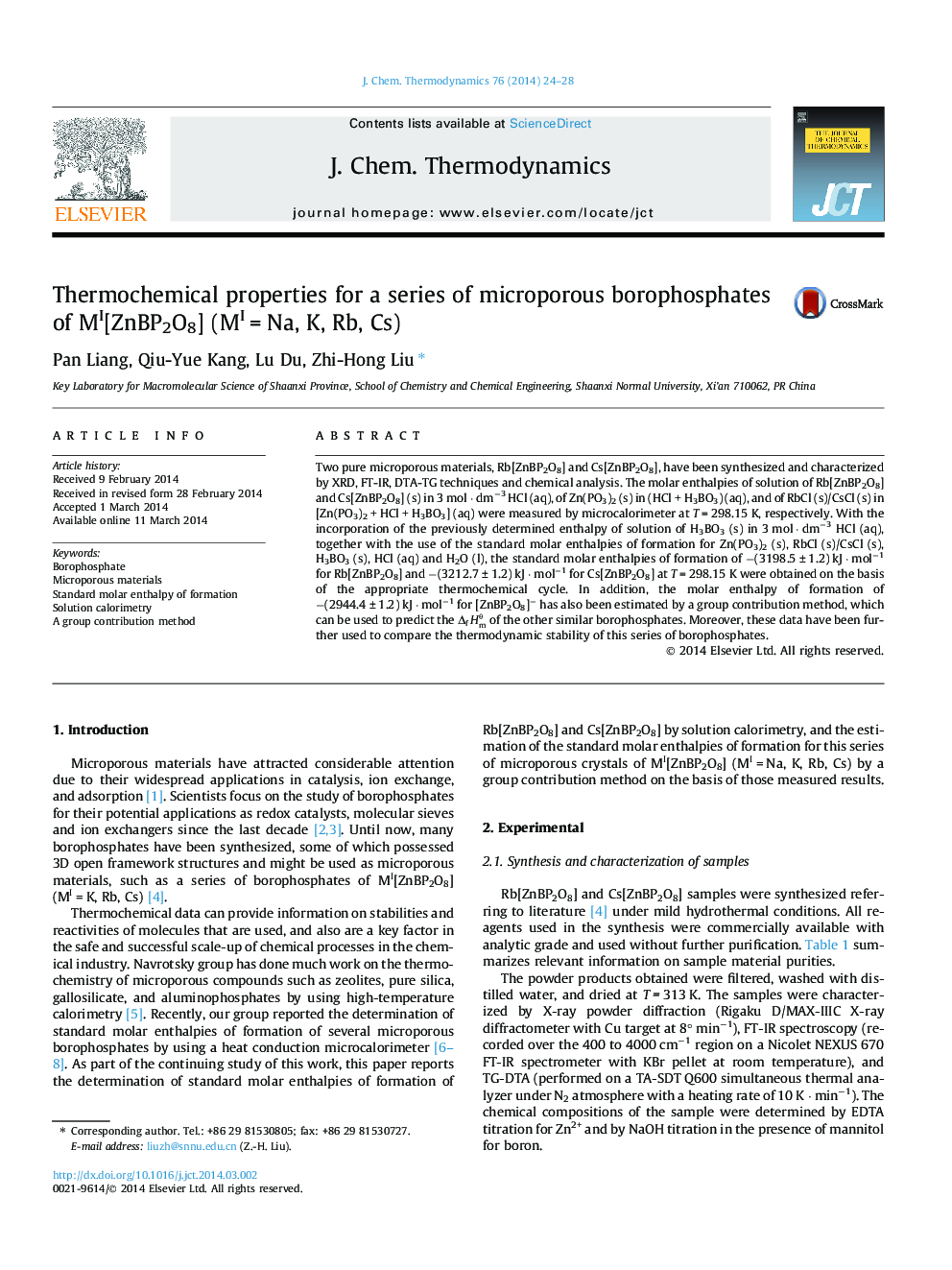 Thermochemical properties for a series of microporous borophosphates of MI[ZnBP2O8] (MI = Na, K, Rb, Cs)