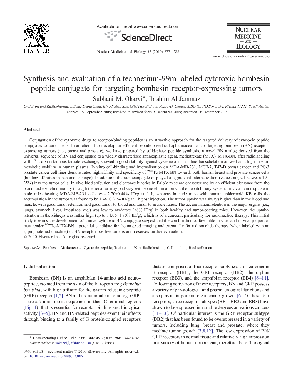 Synthesis and evaluation of a technetium-99m labeled cytotoxic bombesin peptide conjugate for targeting bombesin receptor-expressing tumors