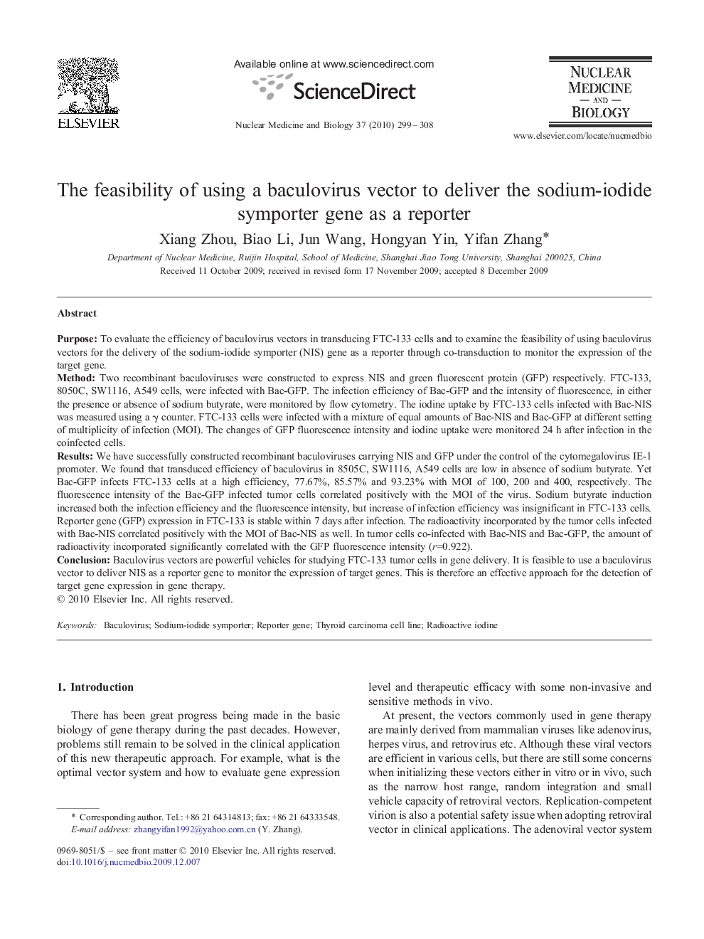 The feasibility of using a baculovirus vector to deliver the sodium-iodide symporter gene as a reporter