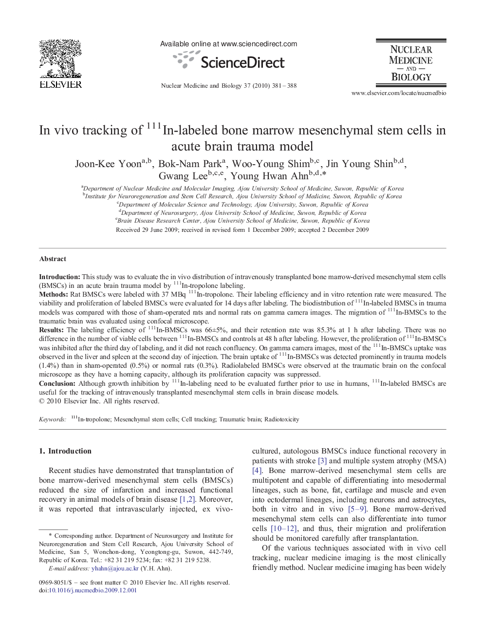 In vivo tracking of 111In-labeled bone marrow mesenchymal stem cells in acute brain trauma model