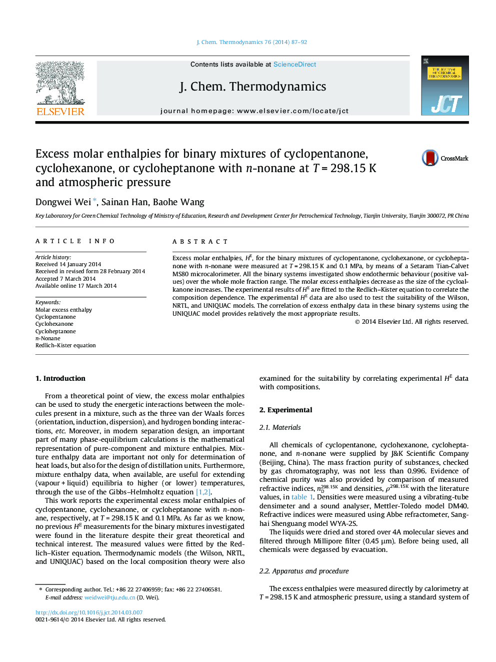 Excess molar enthalpies for binary mixtures of cyclopentanone, cyclohexanone, or cycloheptanone with n-nonane at T = 298.15 K and atmospheric pressure