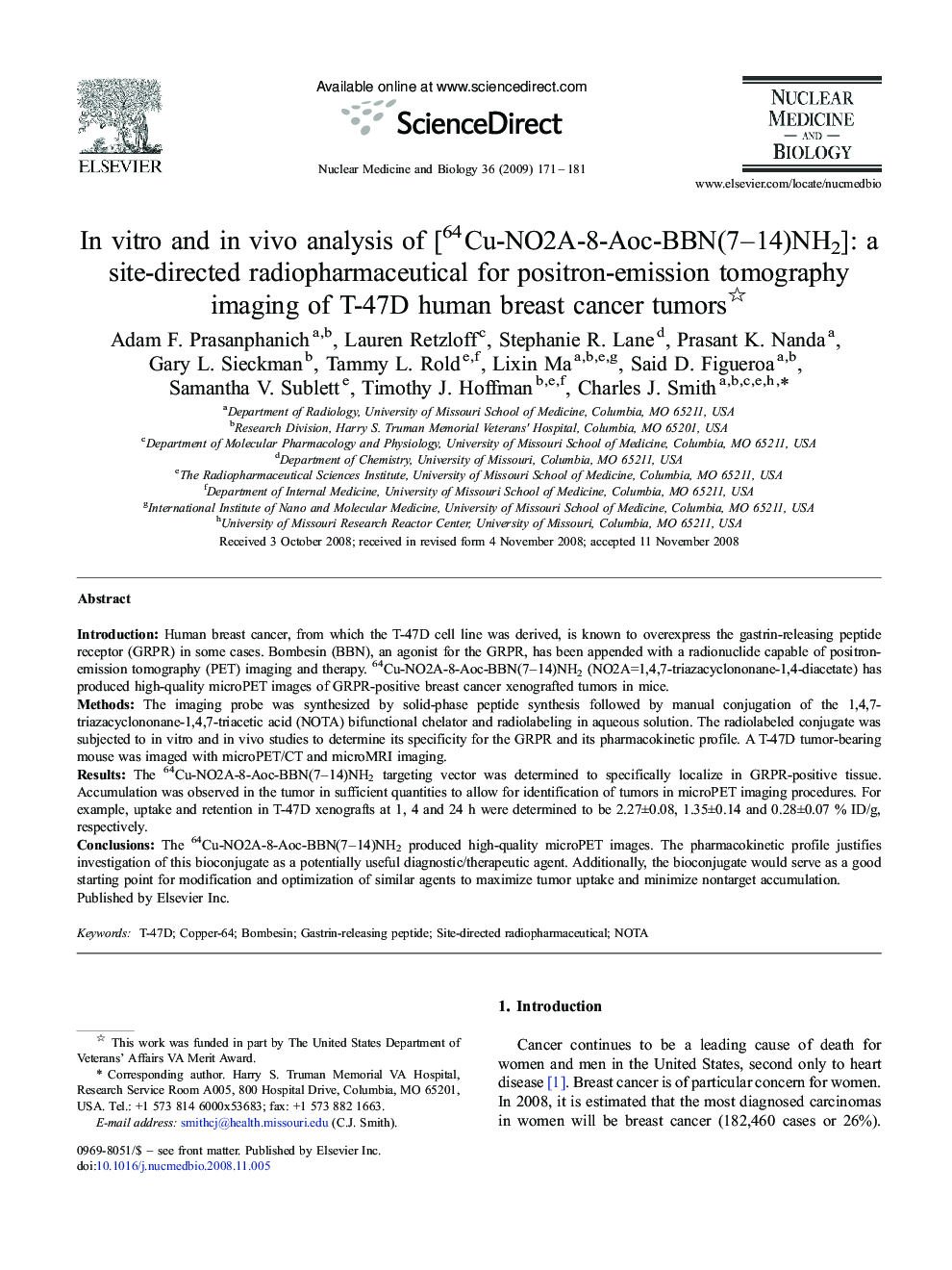 In vitro and in vivo analysis of [64Cu-NO2A-8-Aoc-BBN(7-14)NH2]: a site-directed radiopharmaceutical for positron-emission tomography imaging of T-47D human breast cancer tumors