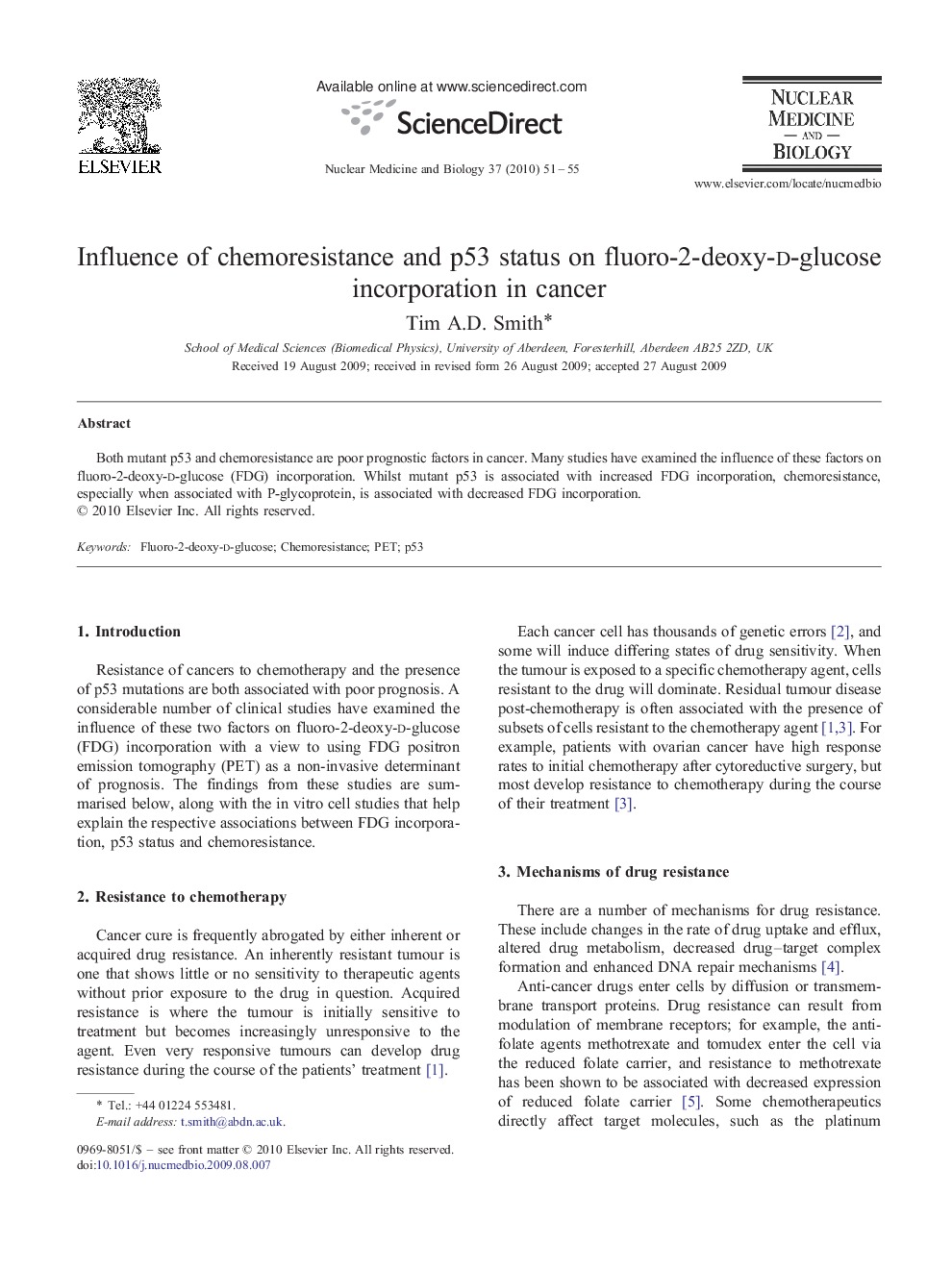Influence of chemoresistance and p53 status on fluoro-2-deoxy-d-glucose incorporation in cancer