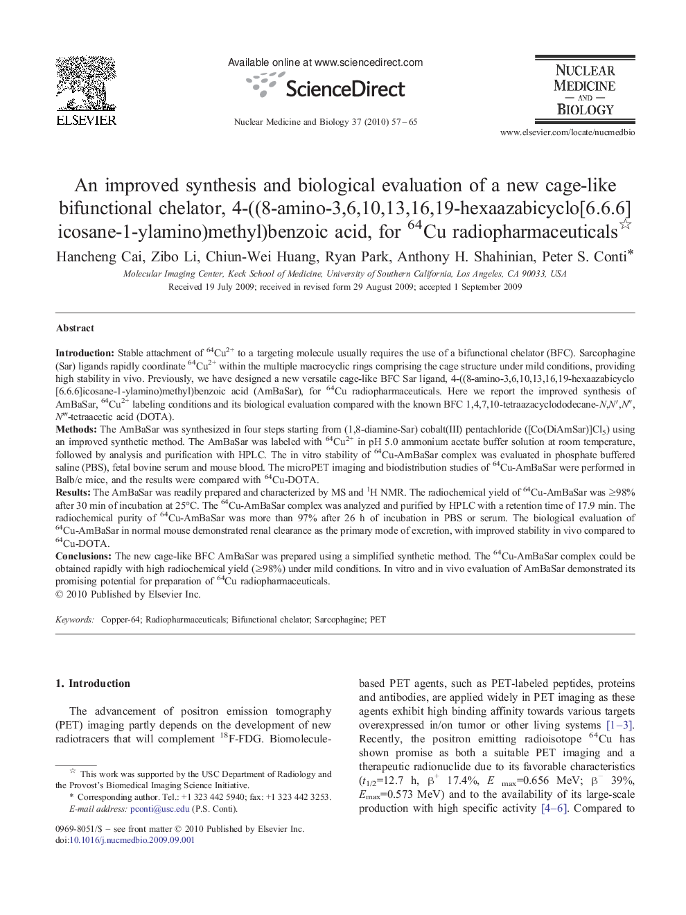 An improved synthesis and biological evaluation of a new cage-like bifunctional chelator, 4-((8-amino-3,6,10,13,16,19-hexaazabicyclo[6.6.6]icosane-1-ylamino)methyl)benzoic acid, for 64Cu radiopharmaceuticals 