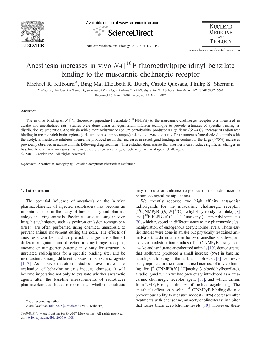 Anesthesia increases in vivo N-([18F]fluoroethyl)piperidinyl benzilate binding to the muscarinic cholinergic receptor