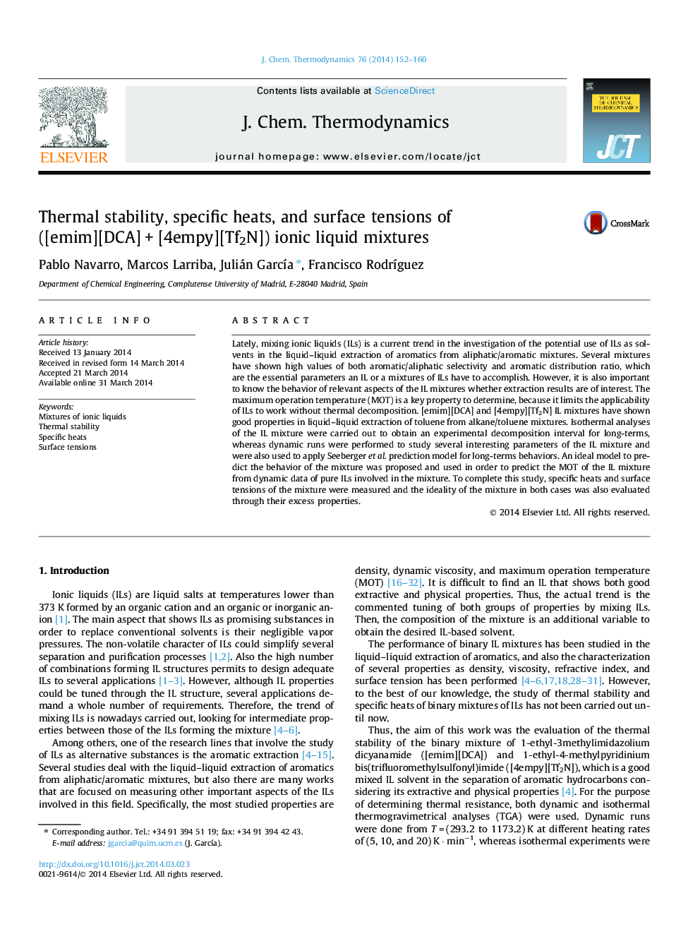 Thermal stability, specific heats, and surface tensions of ([emim][DCA] + [4empy][Tf2N]) ionic liquid mixtures