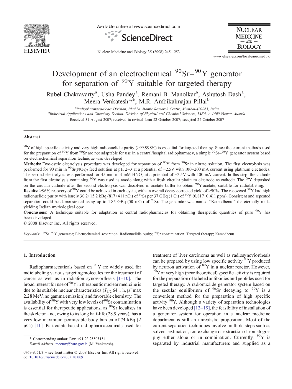 Development of an electrochemical 90Sr-90Y generator for separation of 90Y suitable for targeted therapy