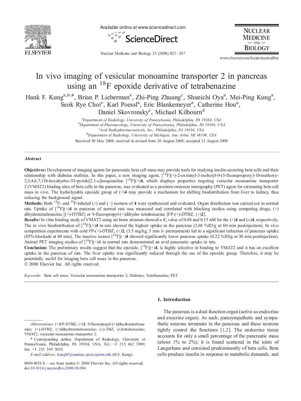 In vivo imaging of vesicular monoamine transporter 2 in pancreas using an 18F epoxide derivative of tetrabenazine