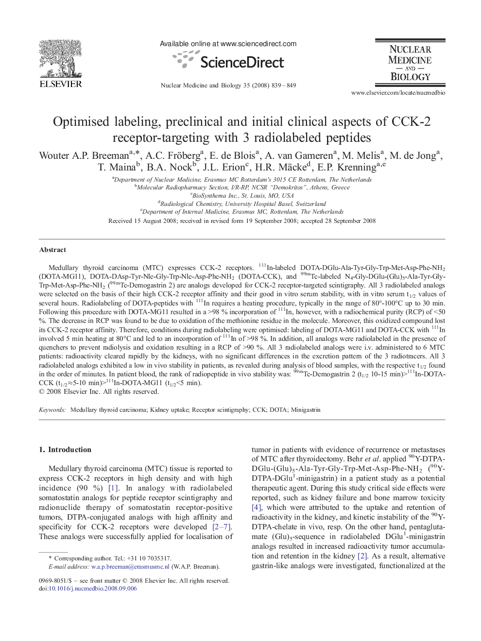 Optimised labeling, preclinical and initial clinical aspects of CCK-2 receptor-targeting with 3 radiolabeled peptides