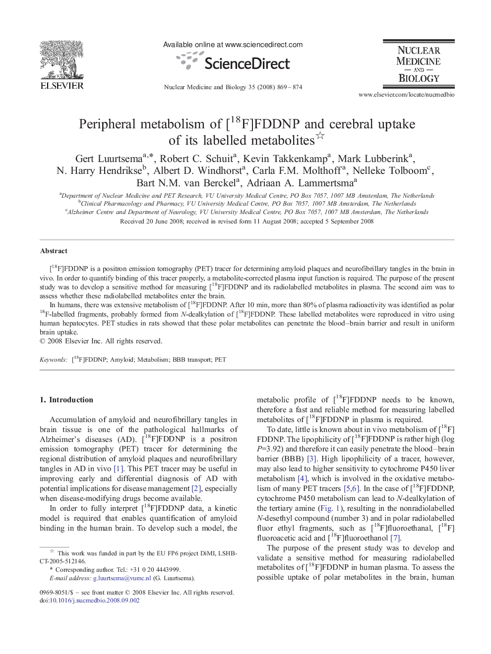 Peripheral metabolism of [18F]FDDNP and cerebral uptake of its labelled metabolites 