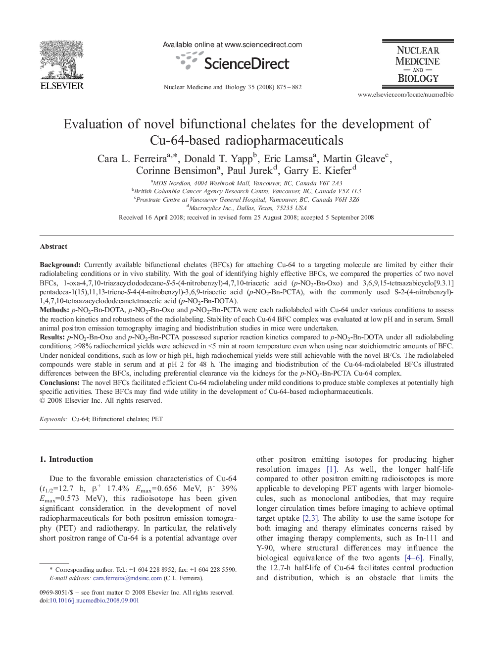 Evaluation of novel bifunctional chelates for the development of Cu-64-based radiopharmaceuticals