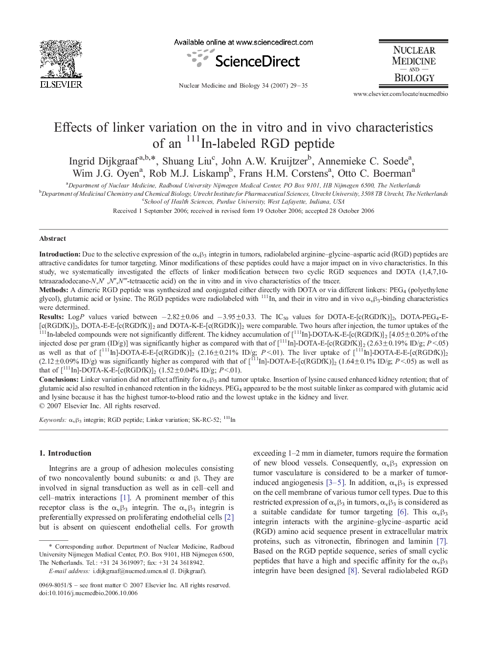 Effects of linker variation on the in vitro and in vivo characteristics of an 111In-labeled RGD peptide