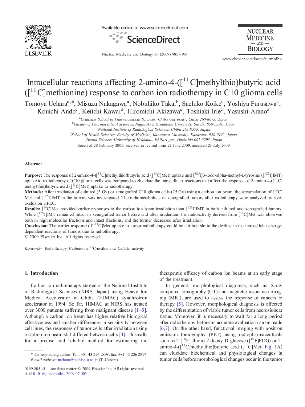 Intracellular reactions affecting 2-amino-4-([11C]methylthio)butyric acid ([11C]methionine) response to carbon ion radiotherapy in C10 glioma cells