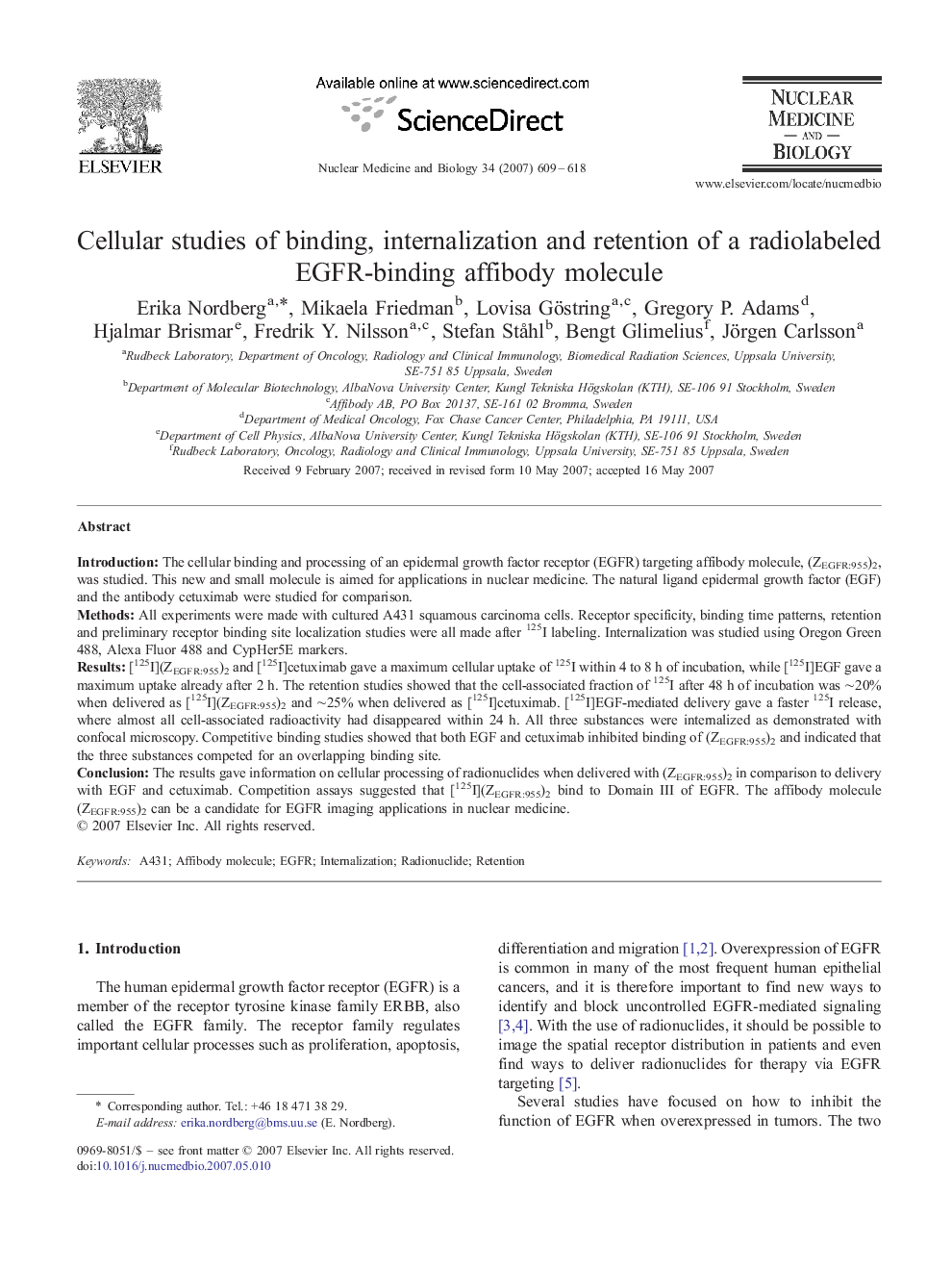 Cellular studies of binding, internalization and retention of a radiolabeled EGFR-binding affibody molecule