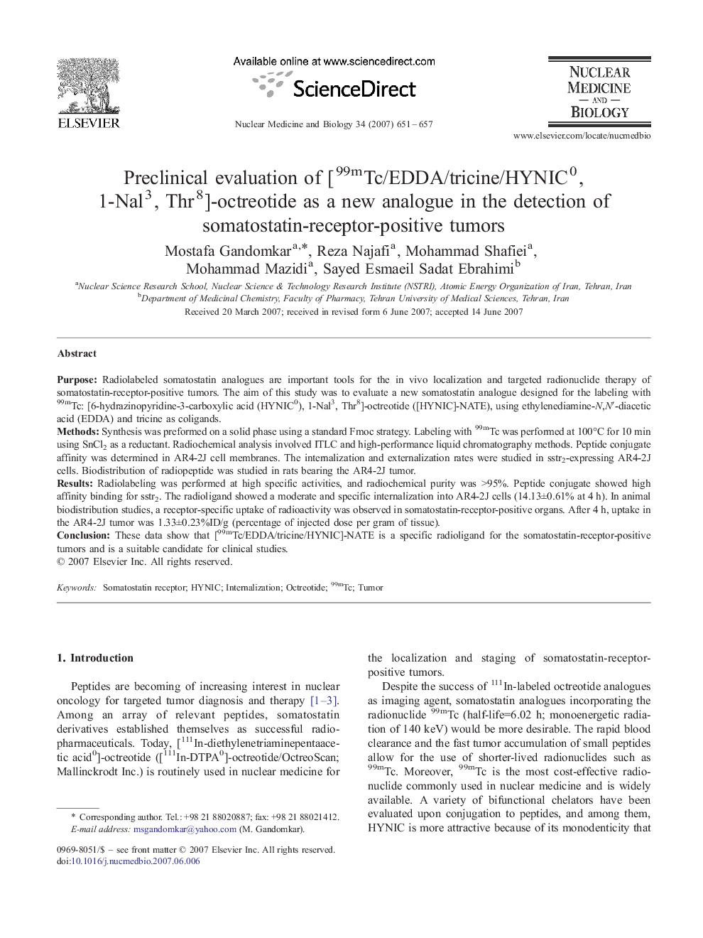 Preclinical evaluation of [99mTc/EDDA/tricine/HYNIC0, 1-Nal3, Thr8]-octreotide as a new analogue in the detection of somatostatin-receptor-positive tumors