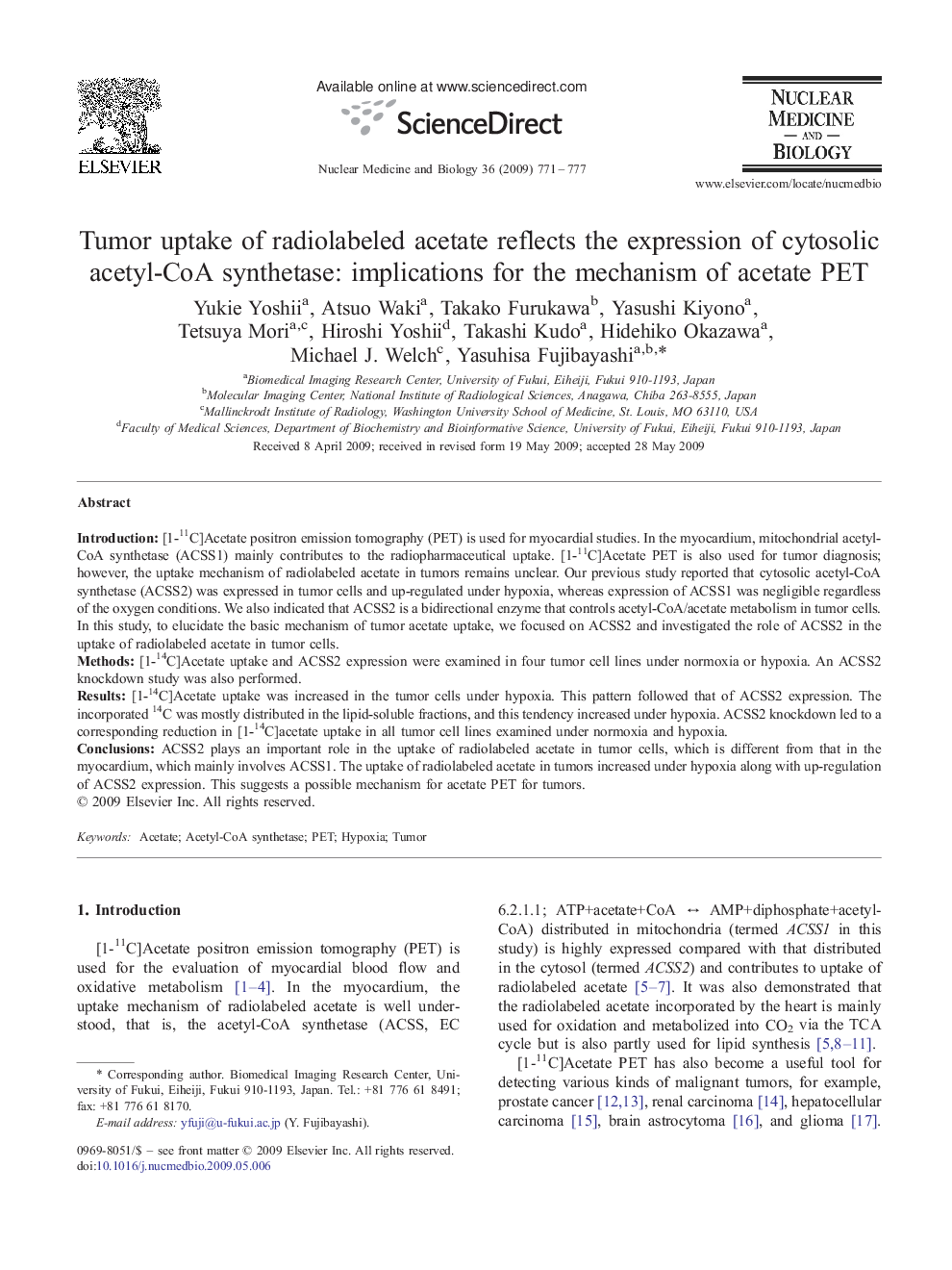 Tumor uptake of radiolabeled acetate reflects the expression of cytosolic acetyl-CoA synthetase: implications for the mechanism of acetate PET