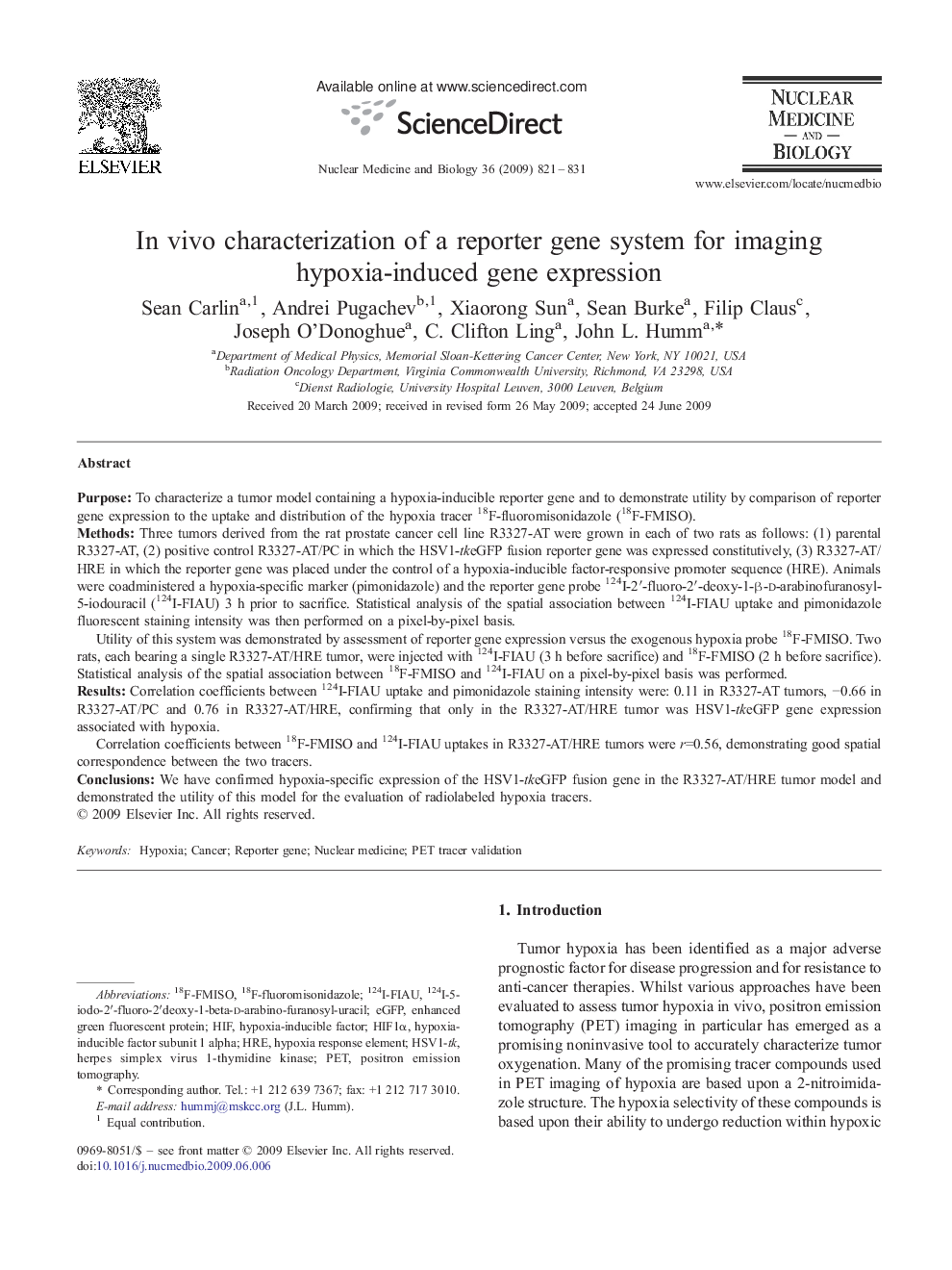 In vivo characterization of a reporter gene system for imaging hypoxia-induced gene expression