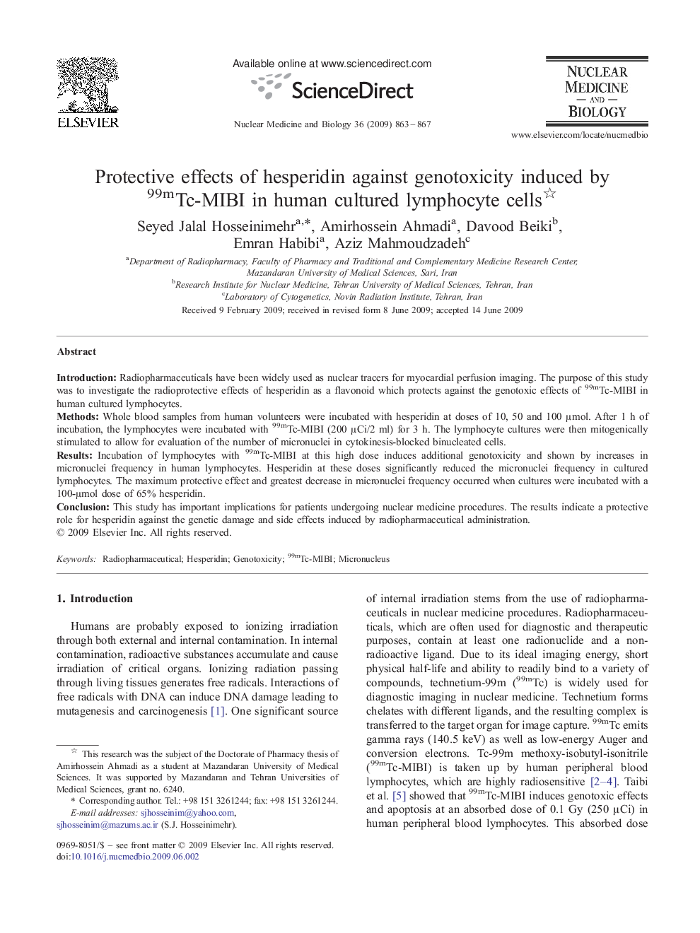 Protective effects of hesperidin against genotoxicity induced by 99mTc-MIBI in human cultured lymphocyte cells 