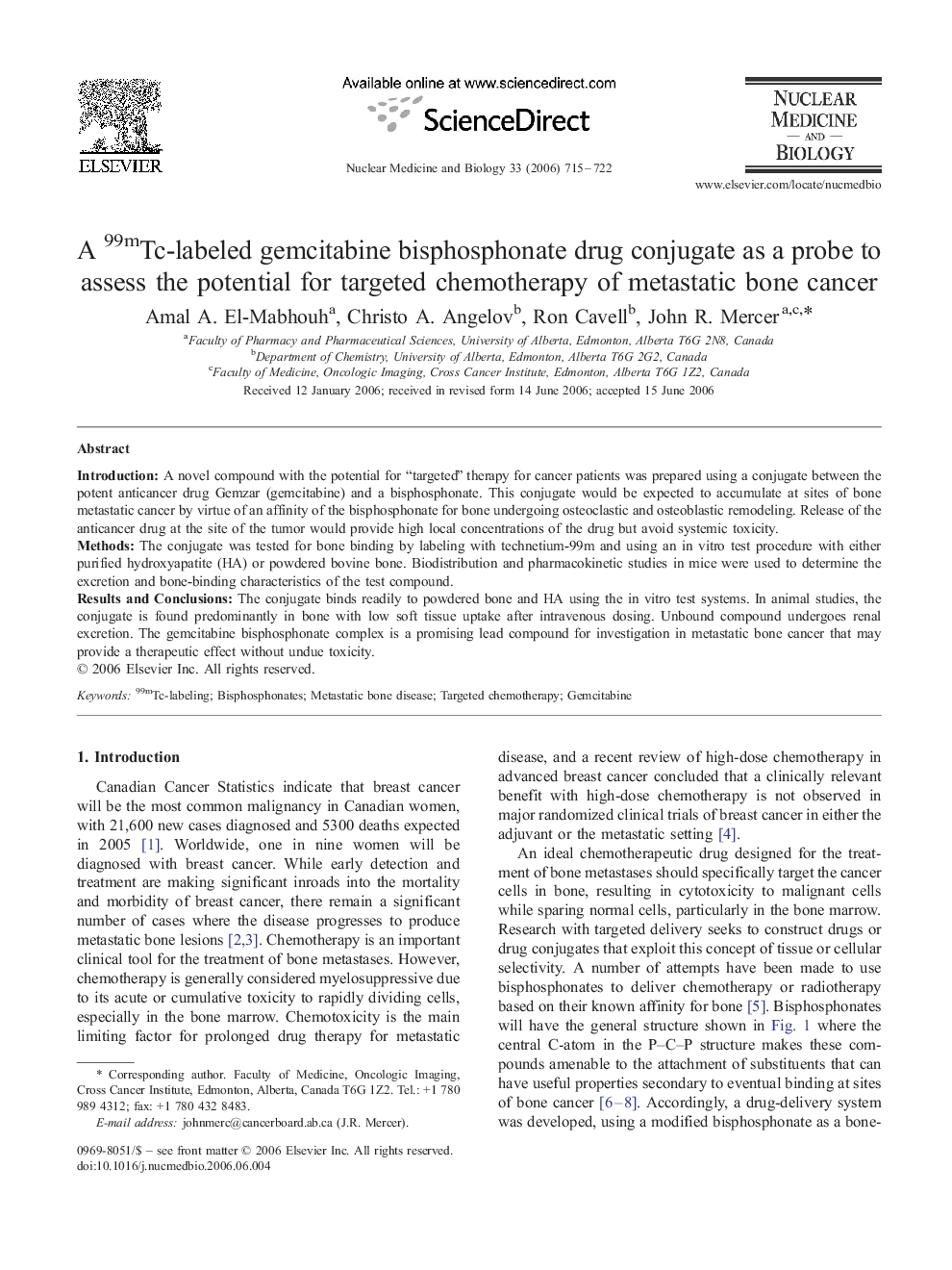 A 99mTc-labeled gemcitabine bisphosphonate drug conjugate as a probe to assess the potential for targeted chemotherapy of metastatic bone cancer