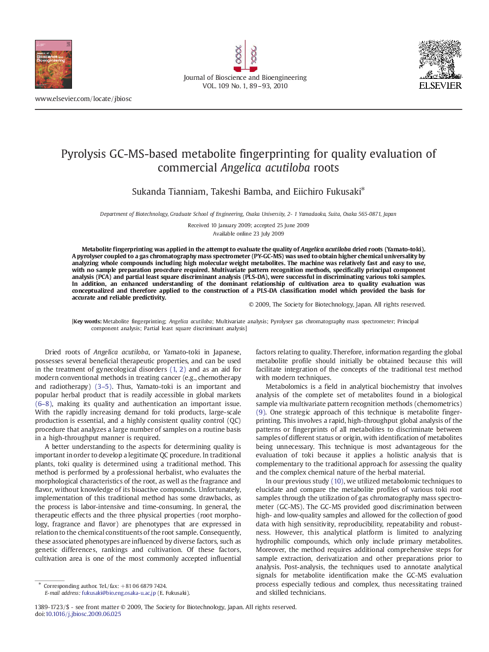 Pyrolysis GC-MS-based metabolite fingerprinting for quality evaluation of commercial Angelica acutiloba roots