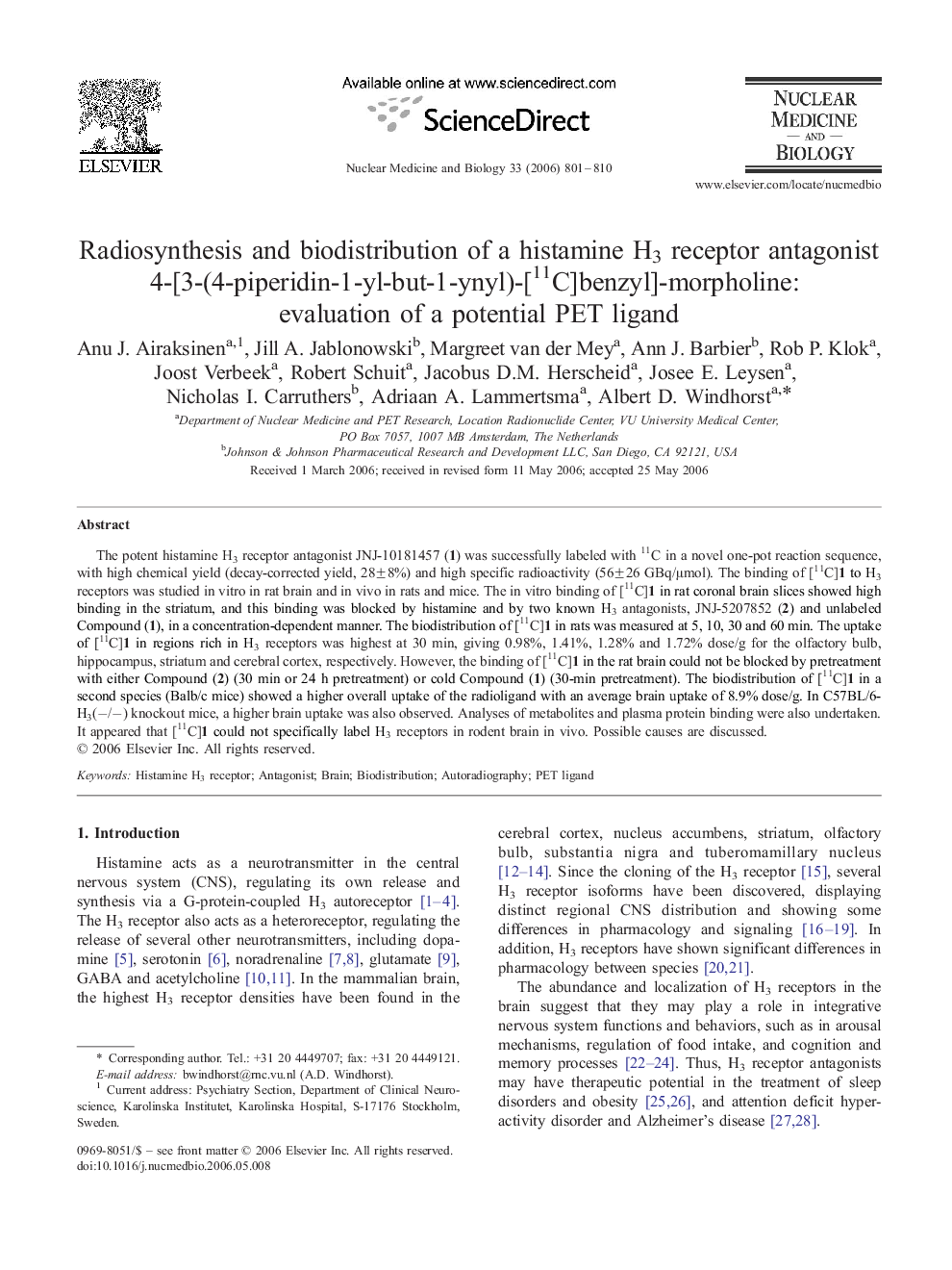 Radiosynthesis and biodistribution of a histamine H3 receptor antagonist 4-[3-(4-piperidin-1-yl-but-1-ynyl)-[11C]benzyl]-morpholine: evaluation of a potential PET ligand