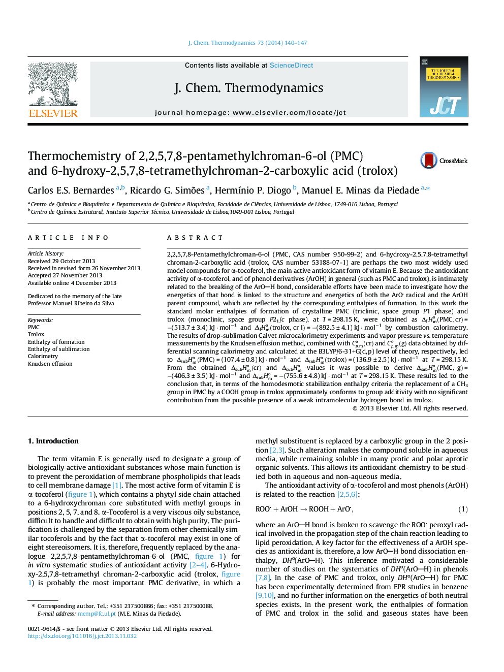 Thermochemistry of 2,2,5,7,8-pentamethylchroman-6-ol (PMC) and 6-hydroxy-2,5,7,8-tetramethylchroman-2-carboxylic acid (trolox)