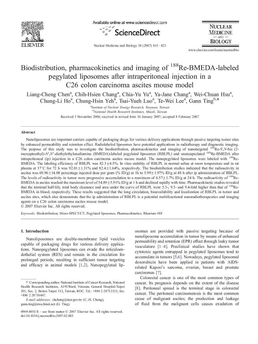 Biodistribution, pharmacokinetics and imaging of 188Re-BMEDA-labeled pegylated liposomes after intraperitoneal injection in a C26 colon carcinoma ascites mouse model