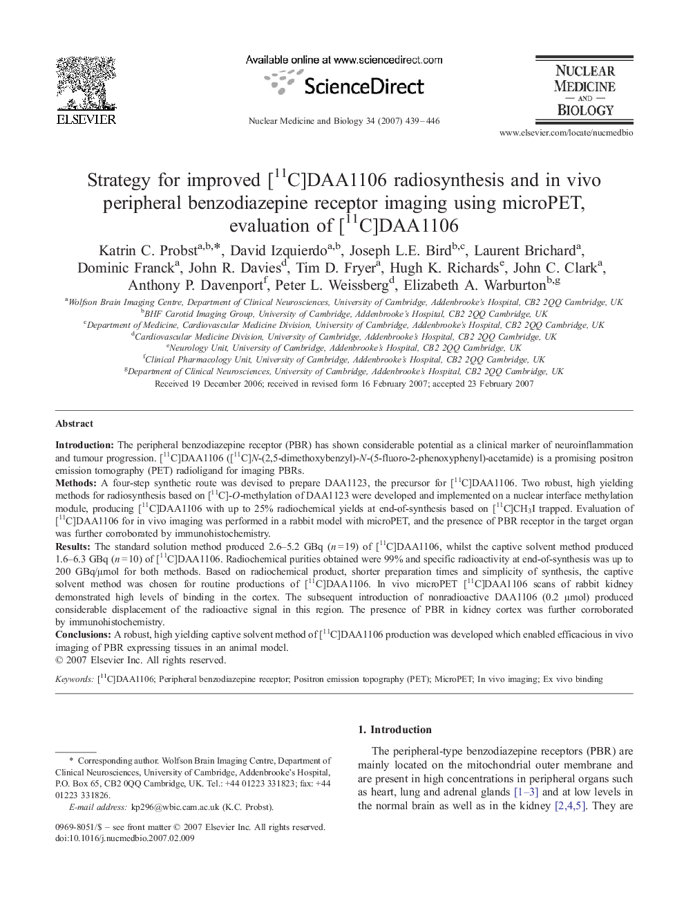 Strategy for improved [11C]DAA1106 radiosynthesis and in vivo peripheral benzodiazepine receptor imaging using microPET, evaluation of [11C]DAA1106