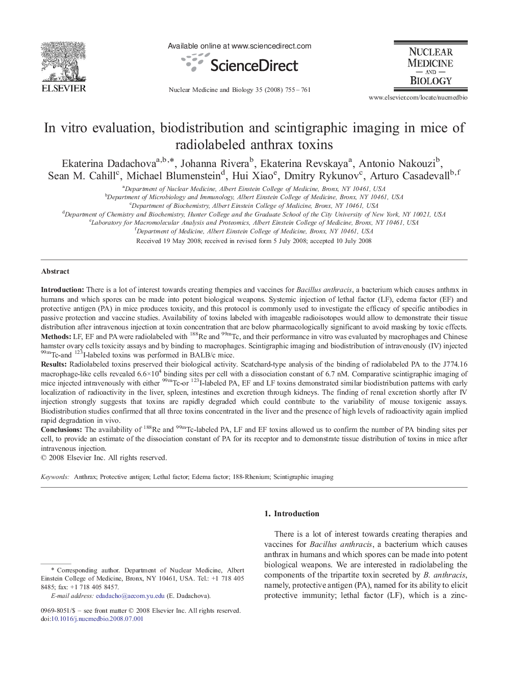 In vitro evaluation, biodistribution and scintigraphic imaging in mice of radiolabeled anthrax toxins