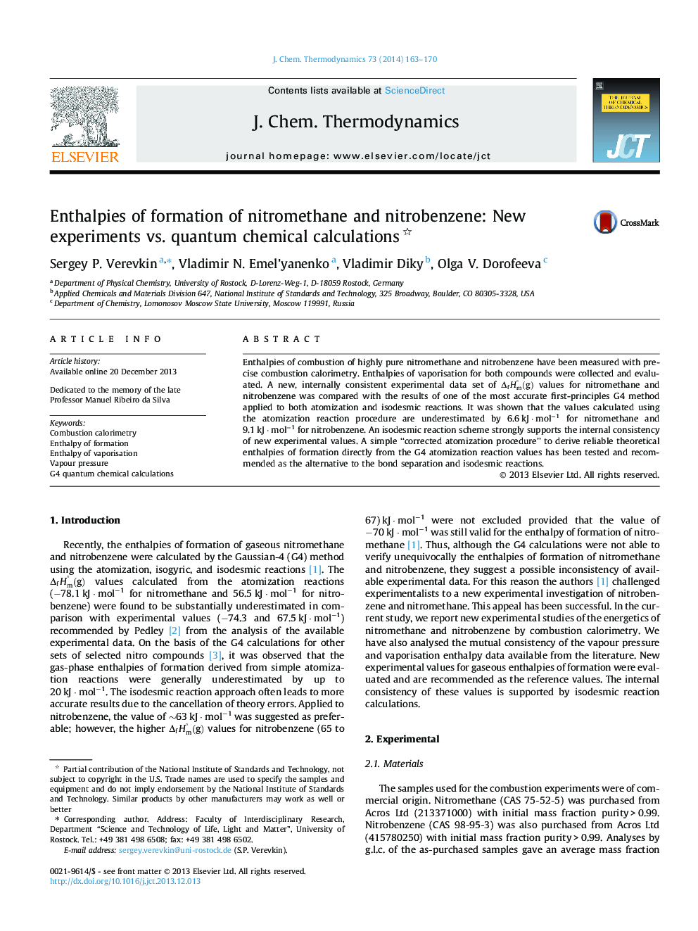 Enthalpies of formation of nitromethane and nitrobenzene: New experiments vs. quantum chemical calculations 