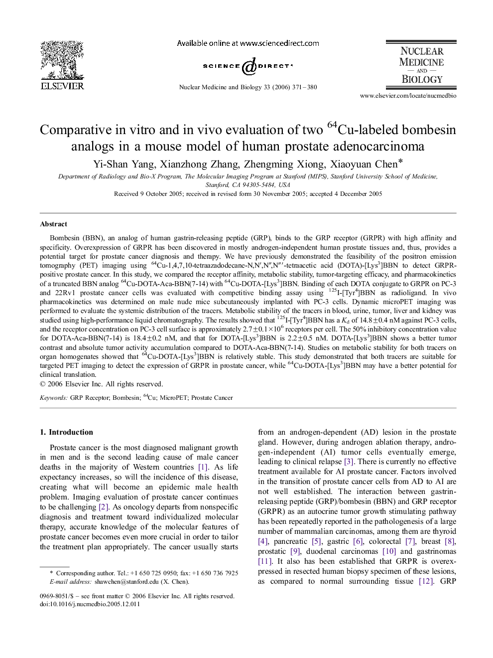 Comparative in vitro and in vivo evaluation of two 64Cu-labeled bombesin analogs in a mouse model of human prostate adenocarcinoma