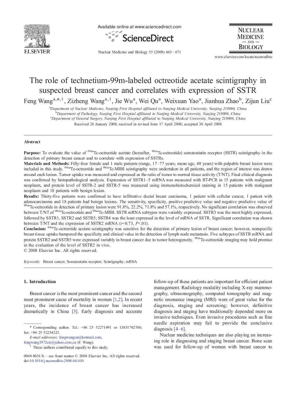 The role of technetium-99m-labeled octreotide acetate scintigraphy in suspected breast cancer and correlates with expression of SSTR