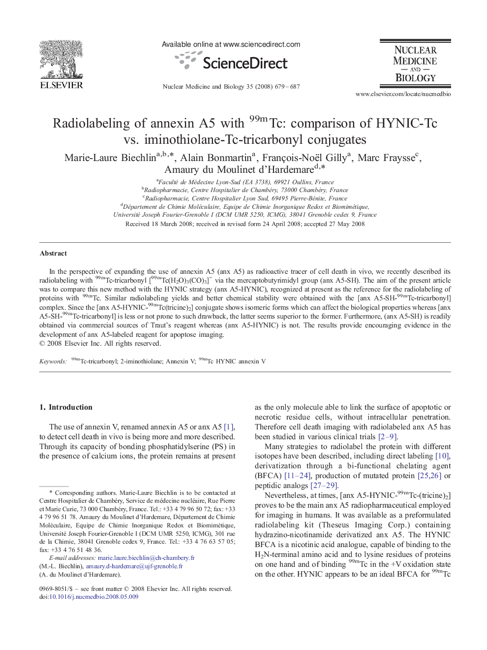 Radiolabeling of annexin A5 with 99mTc: comparison of HYNIC-Tc vs. iminothiolane-Tc-tricarbonyl conjugates