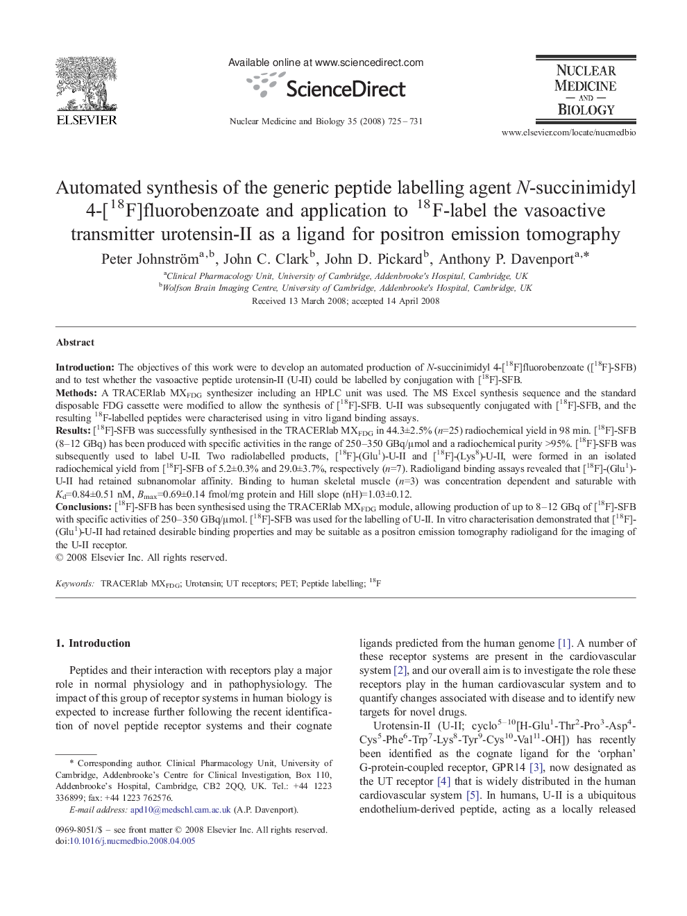 Automated synthesis of the generic peptide labelling agent N-succinimidyl 4-[18F]fluorobenzoate and application to 18F-label the vasoactive transmitter urotensin-II as a ligand for positron emission tomography