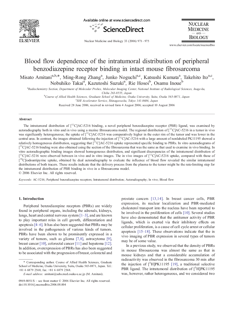 Blood flow dependence of the intratumoral distribution of peripheral benzodiazepine receptor binding in intact mouse fibrosarcoma