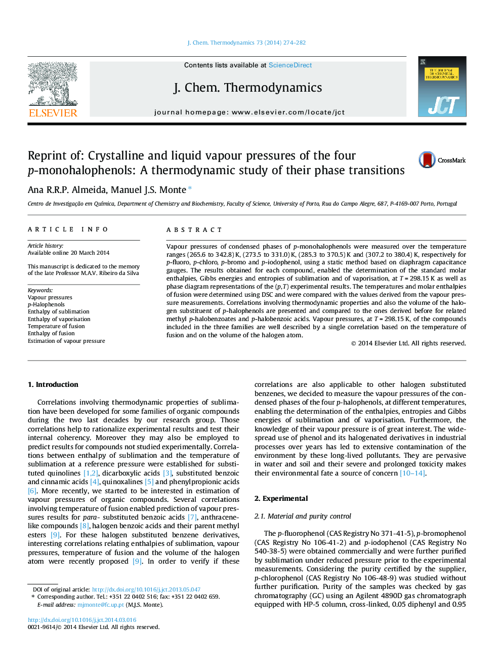 Reprint of: Crystalline and liquid vapour pressures of the four p-monohalophenols: A thermodynamic study of their phase transitions