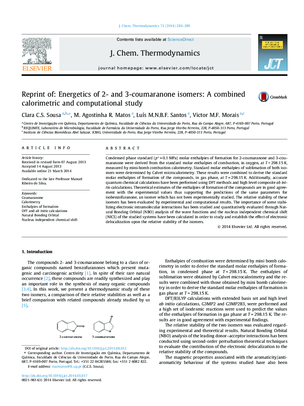 بازنگری: انرژی های ایزومرهای 2- و 3-کومارونون: یک مطالعه کالری سنجی و محاسباتی ترکیبی 