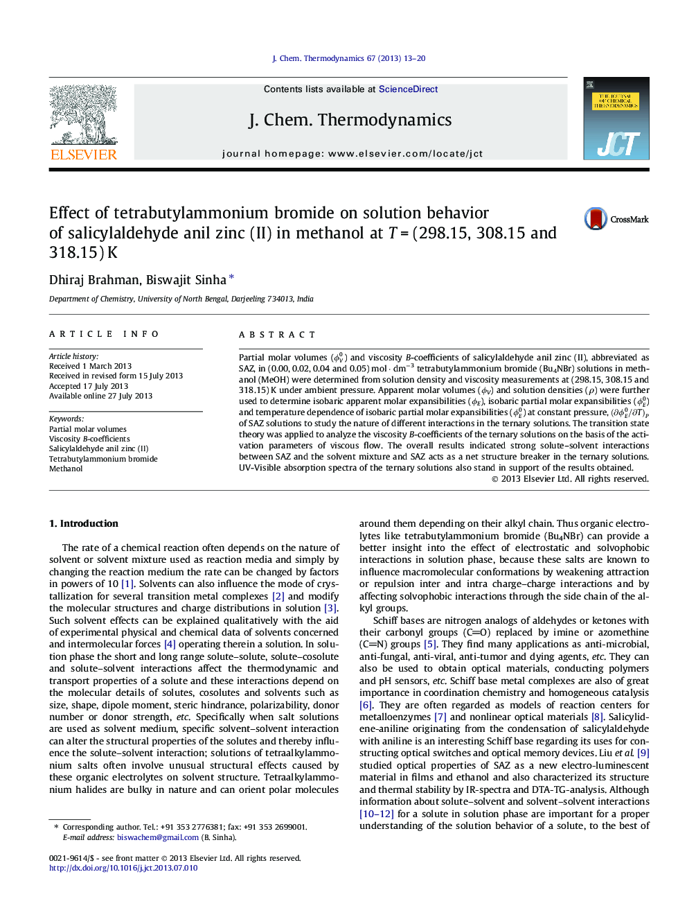 Effect of tetrabutylammonium bromide on solution behavior of salicylaldehyde anil zinc (II) in methanol at T = (298.15, 308.15 and 318.15) K