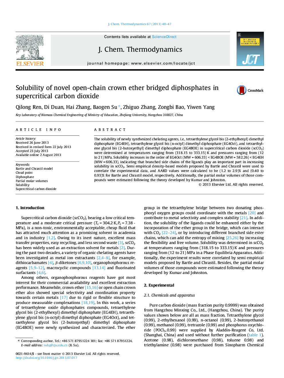 Solubility of novel open-chain crown ether bridged diphosphates in supercritical carbon dioxide